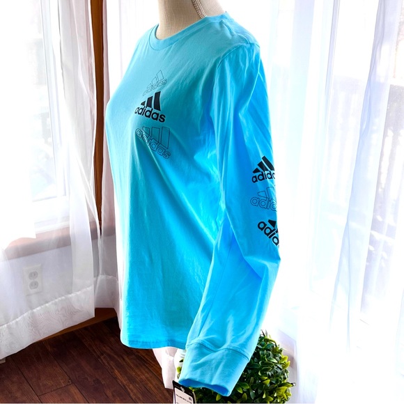 Adidas Long Sleeve Falling Badge of Sport Tee Bliss Blue Size Large NWT - Picture 5 of 11